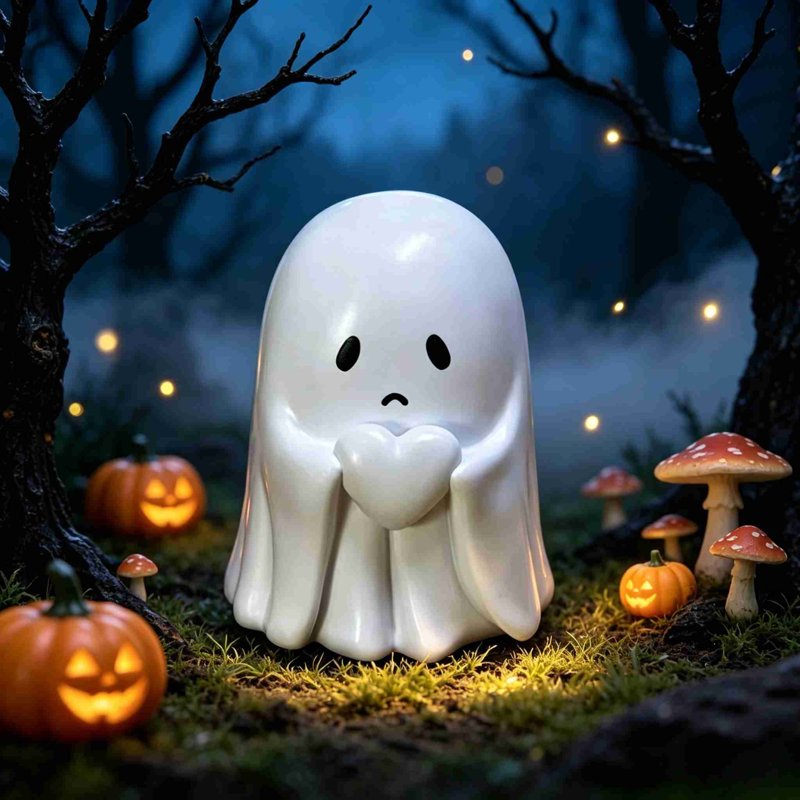 Cute Halloween Ghost Figurine Holding Heart - Handmade Spooky Decor E