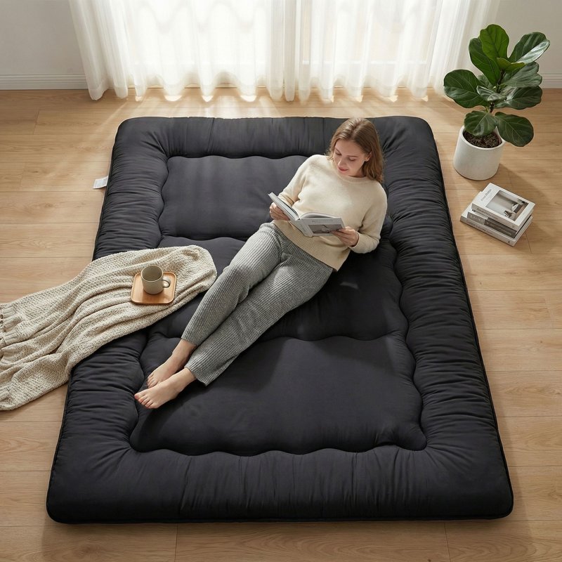EDX Japanese Floor Futon Mattress Twin Black Foldable Tatami Bed with Storage