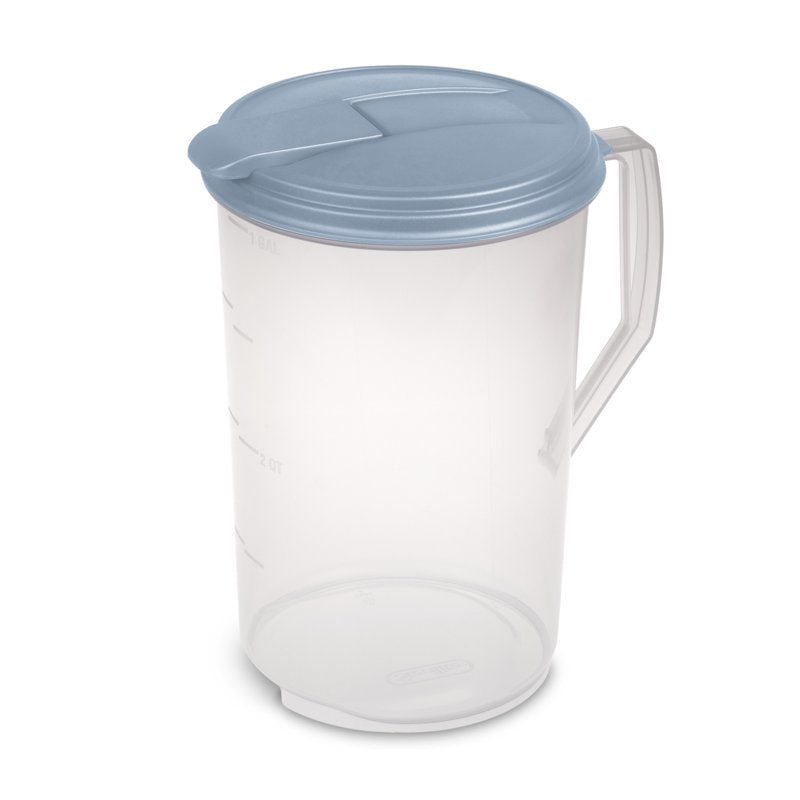 1 Gallon Round Pitcher - Clear Plastic with Flip-Top Spout, Light Blue, 6 Count