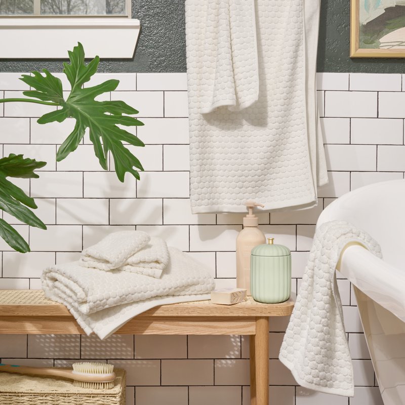 Dot Textured Cotton Bath Towel Set - Off White, 6 Pieces