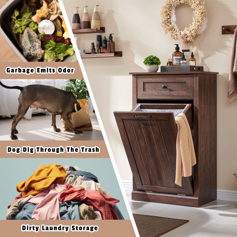 Tilt Out Trash Can Cabinet - 10 Gallon Wooden with Drawer - Brown
