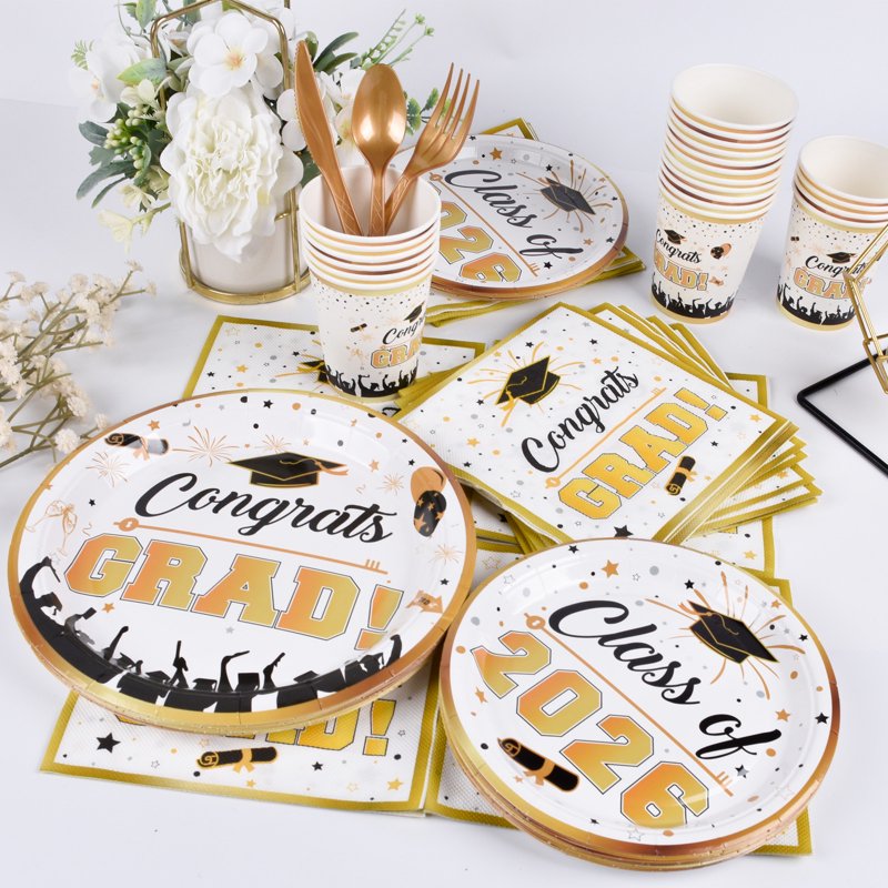 Graduation Plates and Napkins Party Supplies - Class of 2026 Congrats Grad Disposable Tableware Set - White Variation