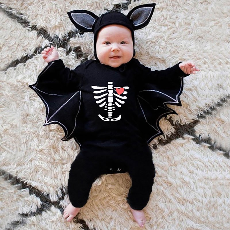 Baby Bat Costume with Wings & Hoodie for First Halloween - Black Skull Heart, 18-24 Months
