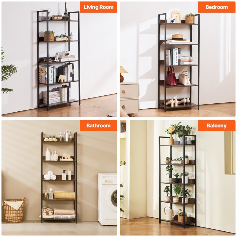 5-Tier Metal Bookcase - Industrial-Style Shelving Unit
