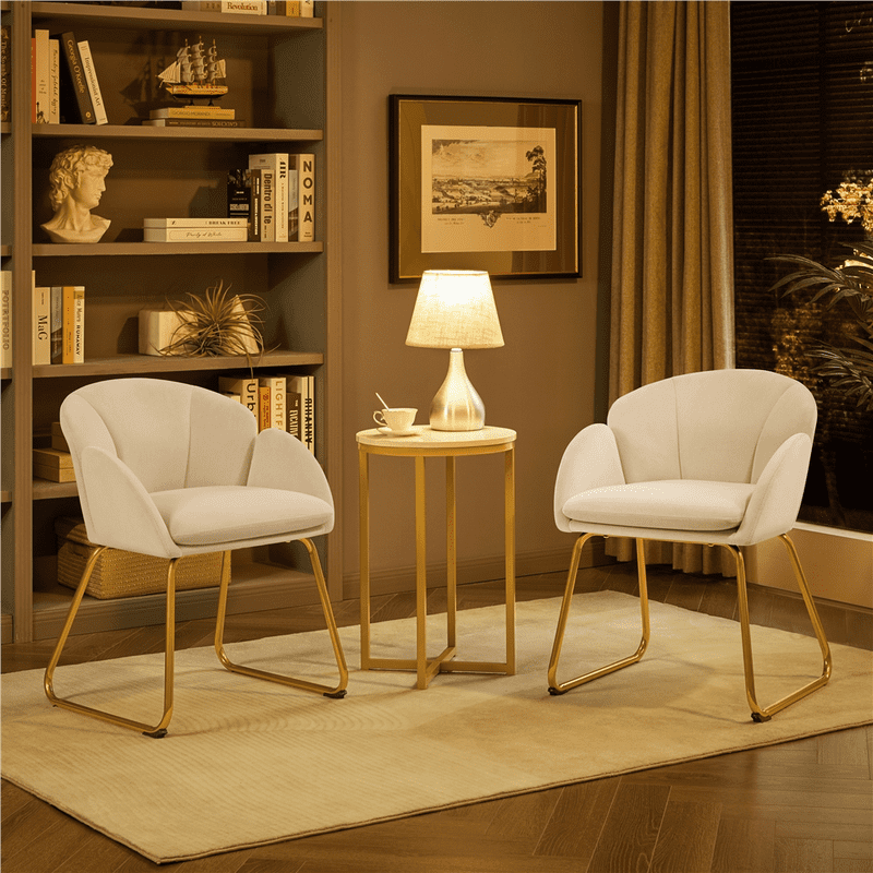 Flower Shape Velvet Accent Chair with Gold Metal Legs - White