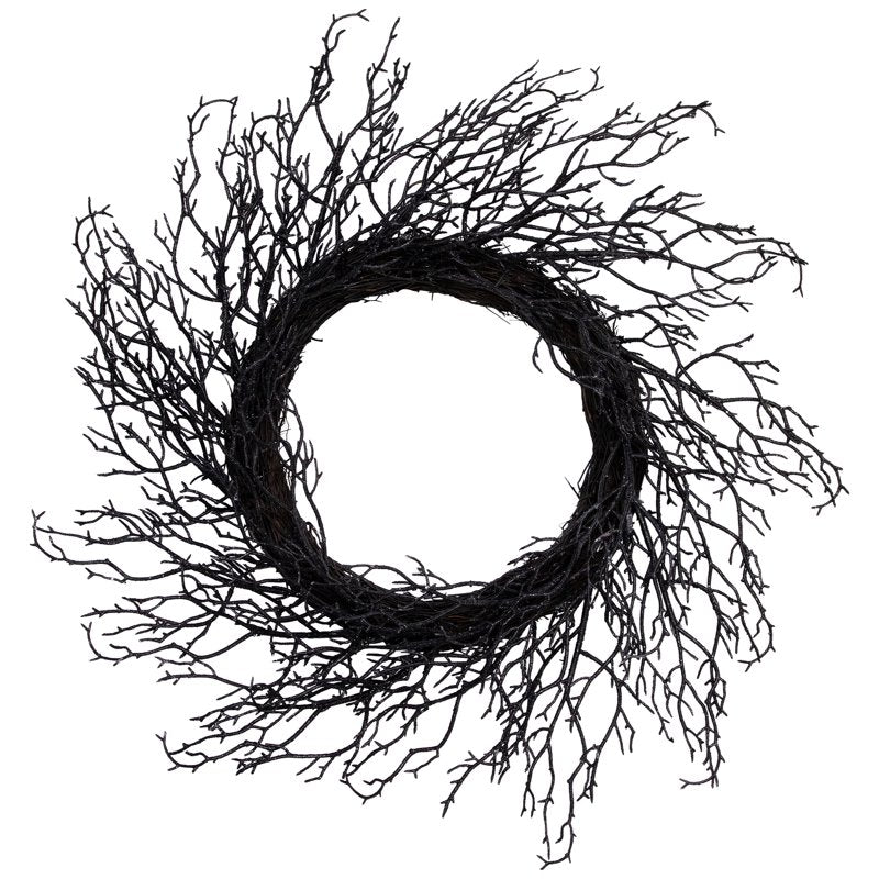 Black Glittered Twig Halloween Wreath - 24 Inch Unlit Decor for Door & Wall