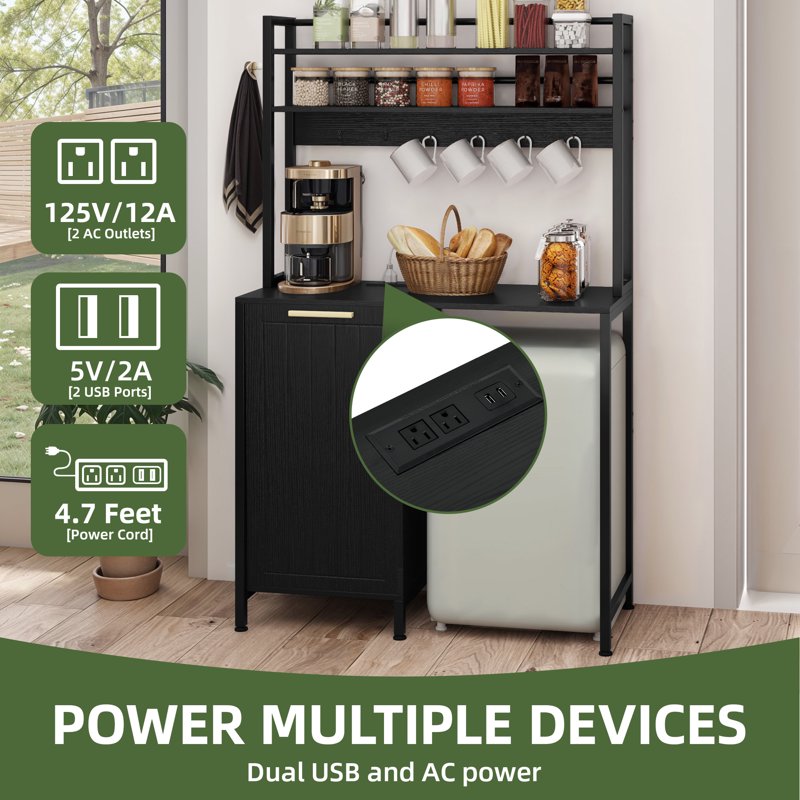 Mini Fridge Stand with Power Outlets & Trash Storage - Black