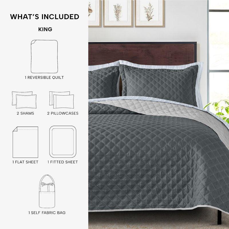 King All-in-One Lightweight Quilt and Sheet Set - Charcoal Gray
