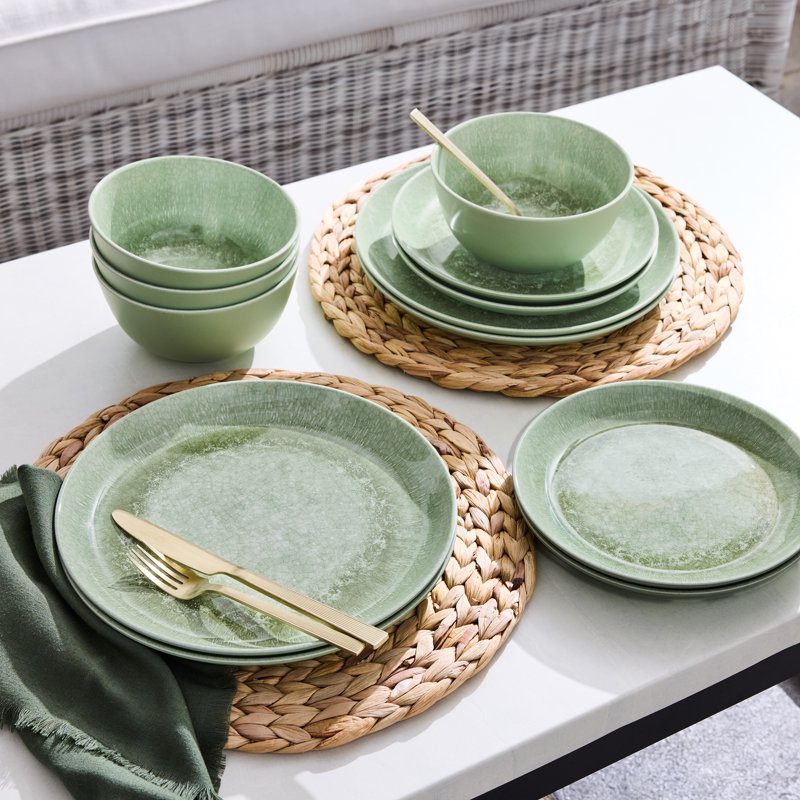 12-Piece Green Reactive Bamboo Melamine Tableware Set - Service for 4