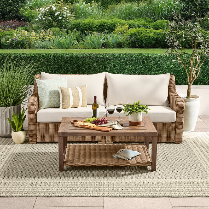 Outdoor Coffee Table with Wicker Shelf - Rectangular Design