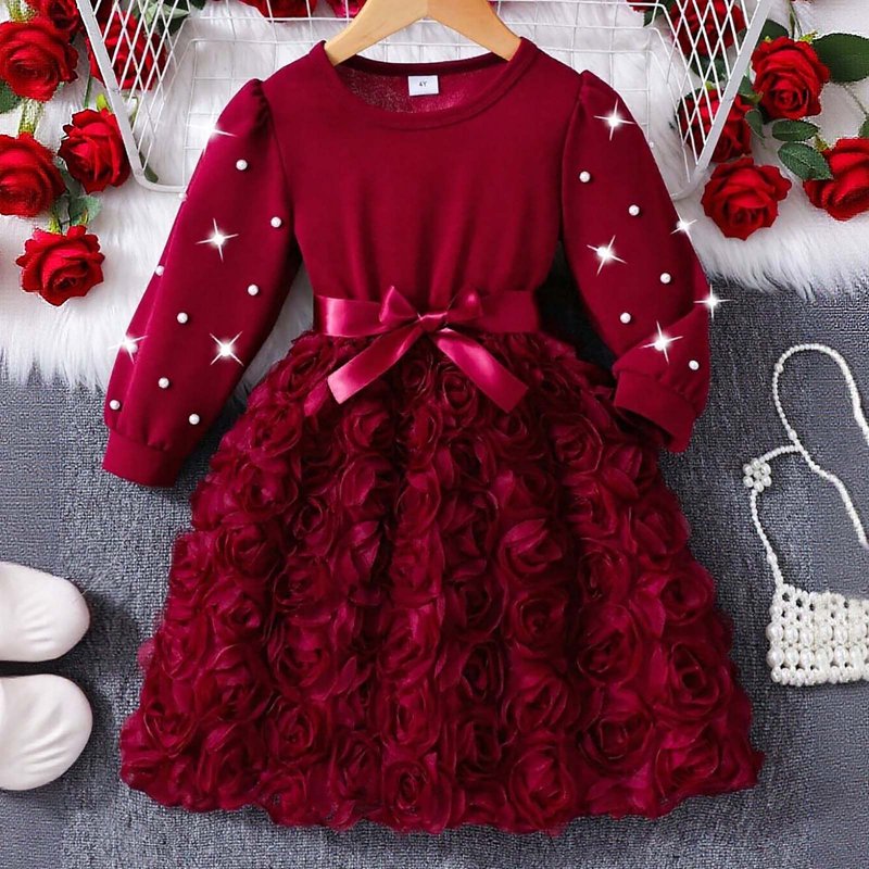 Girls Long Sleeve Party Dress with 3D Floral Pearls - Red, 3-4 Years