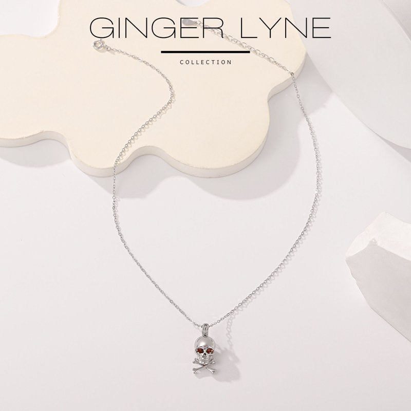 Sterling Silver Skull Necklace for Women with Amber Bead Eyes and Adjustable Chain