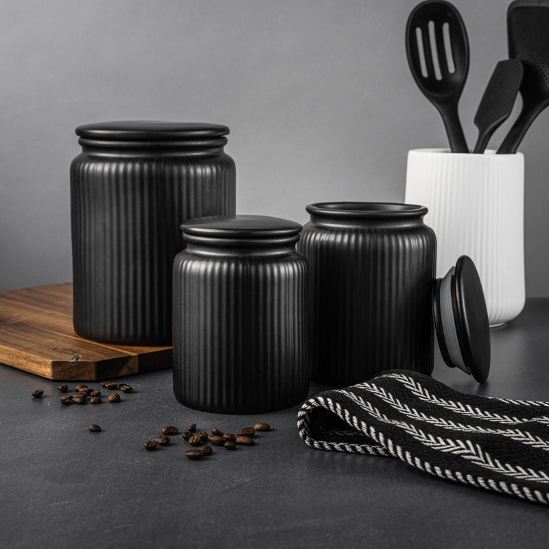 Small Ceramic Ribbed Kitchen Organization Jar (580mL) - Black, 2 Pack