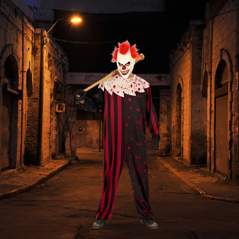 Mens Scary Clown Costume XL - Halloween Horror Circus Jumpsuit & Mask