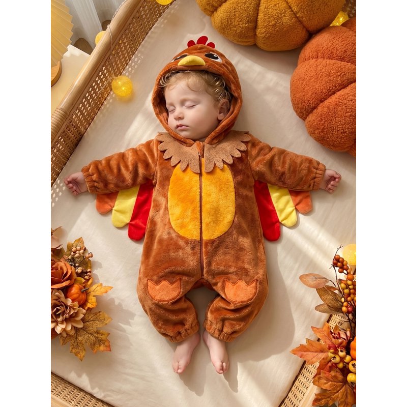 Toddler Baby Girl Boy Thanksgiving Turkey Costume Brown 6-12 Months - Warm Flannel Romper