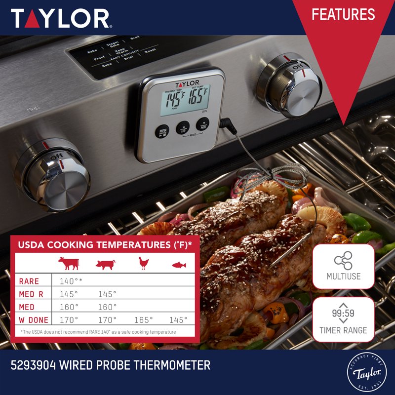 Digital Wired Probe Meat Thermometer with Timer - White