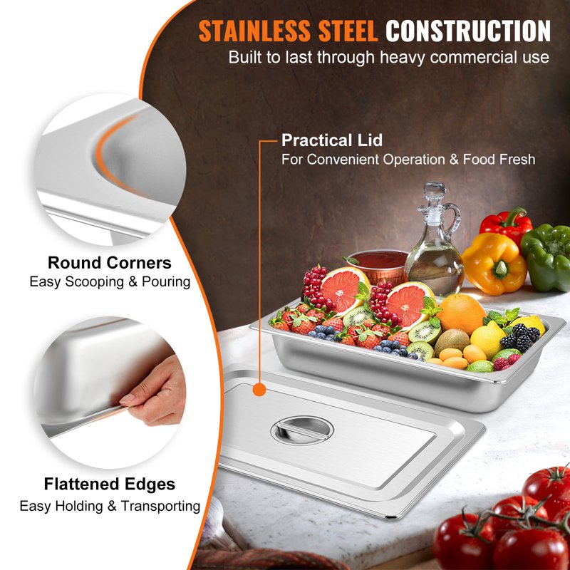 Full-Size Stainless Steel Steam Table Pan with Lid, 21 x 13 x 4 Inch, Black
