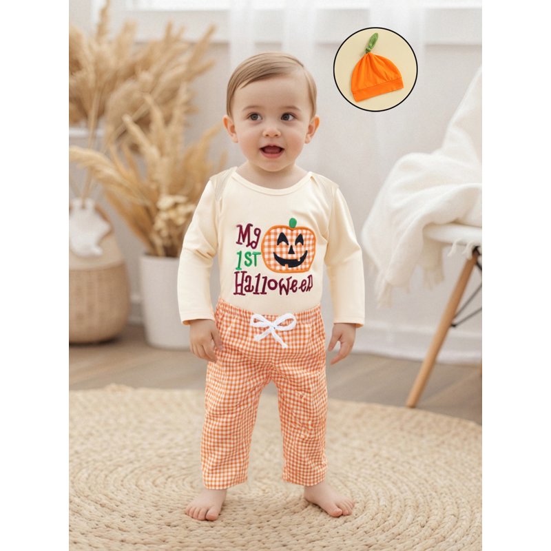 Baby Boy Halloween Outfit Apricot C Letter Pumpkin Embroidery Romper Set 6-12 Months
