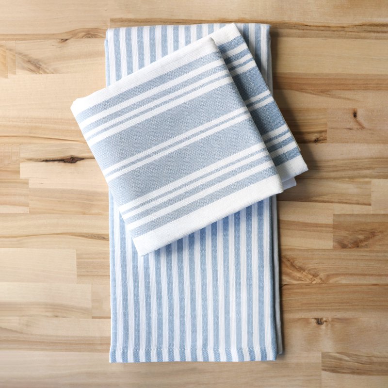 2 Piece Kitchen Towels Set - Blue Linen & White, 3 Pack