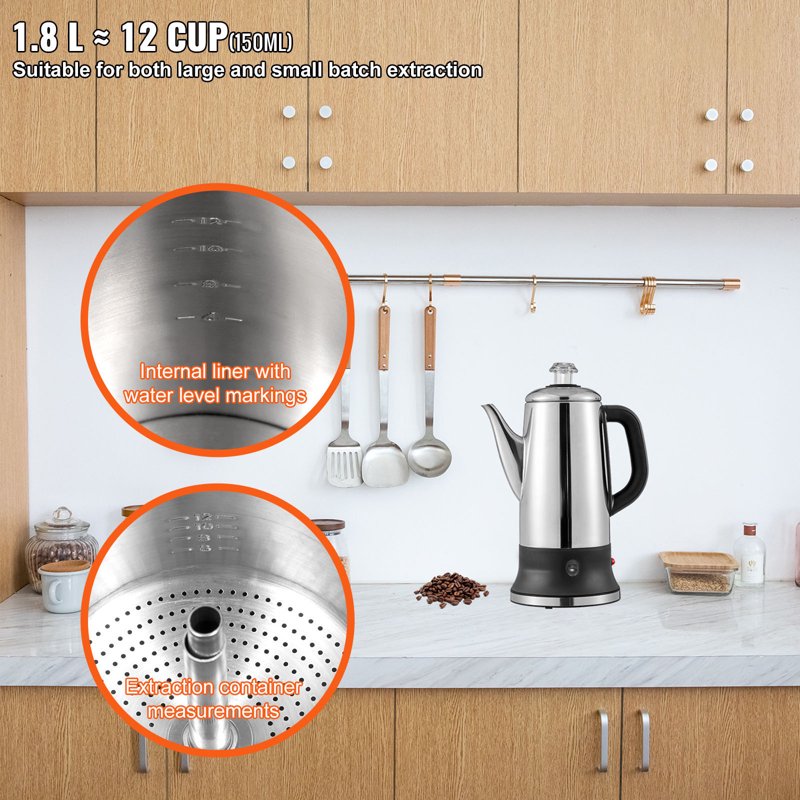12-Cup Electric Coffee Percolator - Stainless Steel Brewer