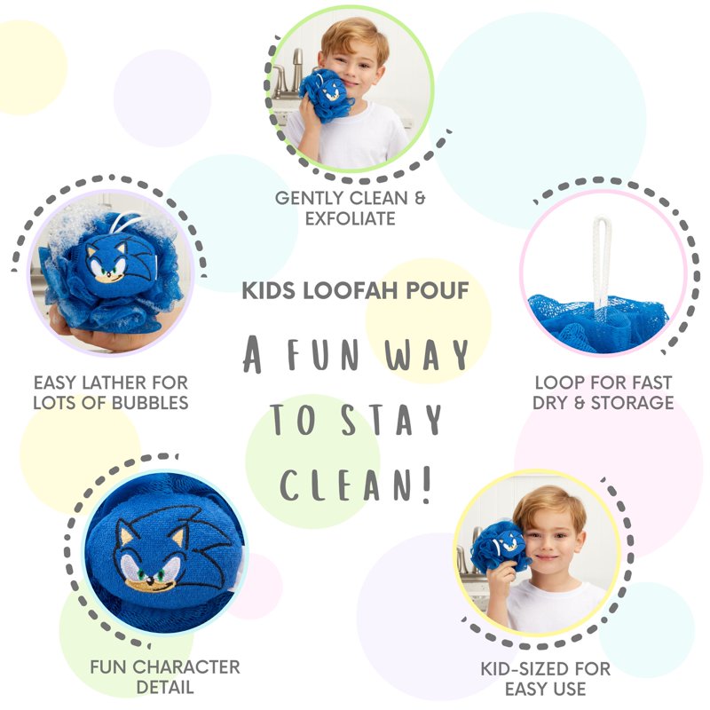 Kids Bath Loofah Pouf Sonic The Hedgehog Blue - Gentle Exfoliating Sponge