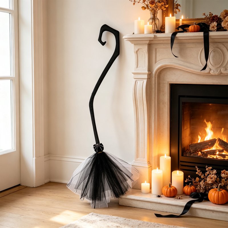 Halloween Witch Broom Cane with Ribbons - 38.2 Inch Stage Prop & Costume Accessory - Variation C