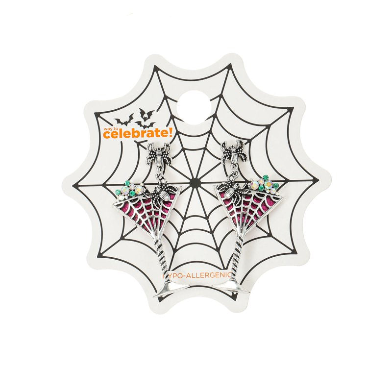 Spooky Cocktail Halloween Earrings - Velvet Heart Spiderweb Studs - Fall Party Accessory