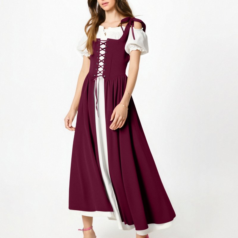 Women’s Renaissance Costume Dress - Vintage Medieval Peasant Style, AA-Wine, S