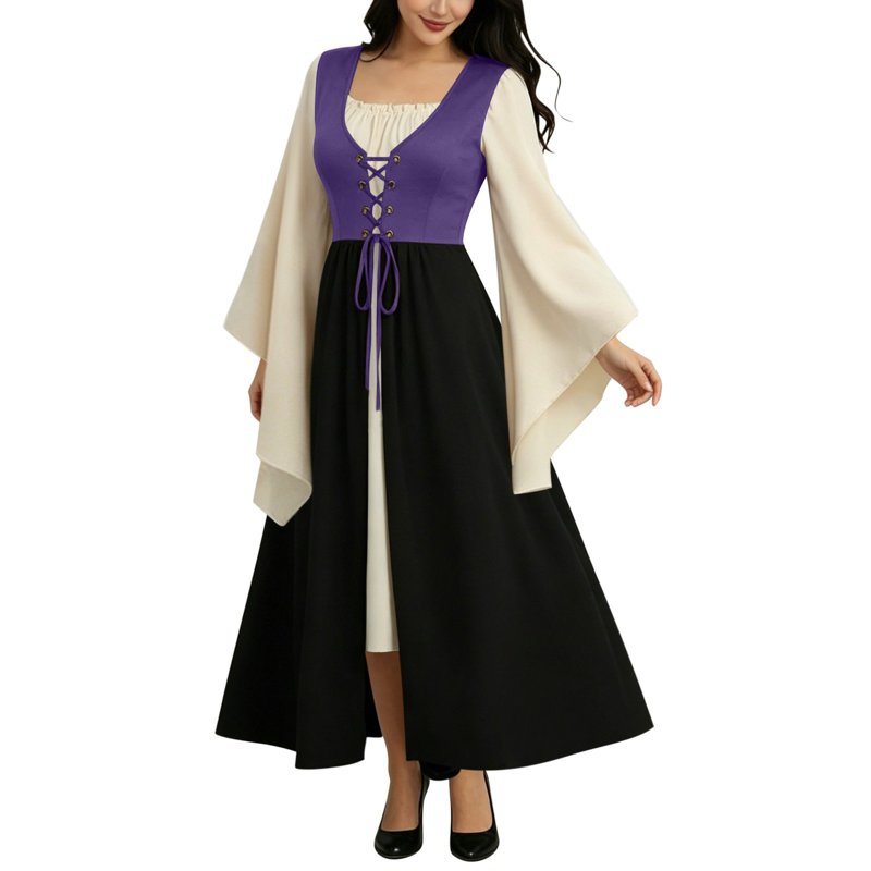 Women's Renaissance Medieval Costume Dress with Bell Sleeves - Purple Halloween Steampunk Dress, Size L