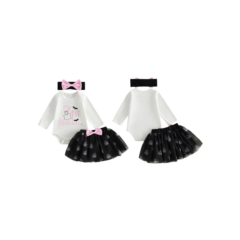 Baby Girl Halloween Romper Set with Tulle Skirt & Headband - Black, 6-9 Months