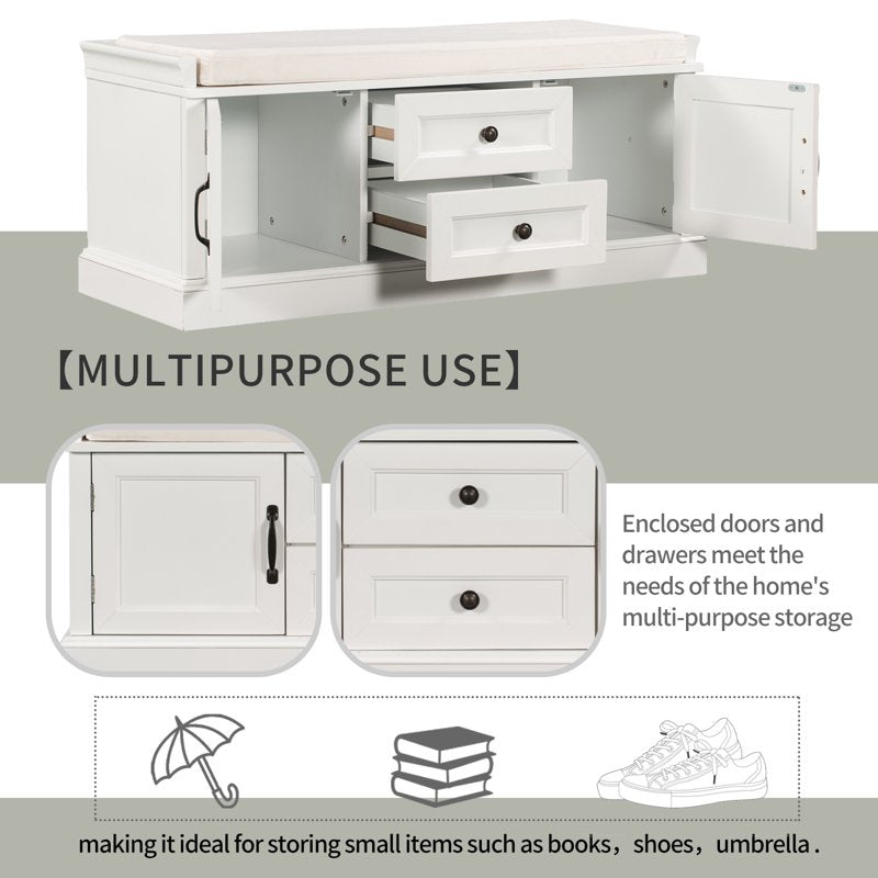 42.5" Solid Wood Storage Bench with Cushioned Top and Drawers