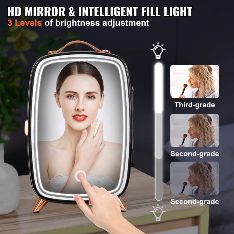 6L Mini Fridge with HD Makeup Mirror & LED Lights - Portable Skincare Cooler