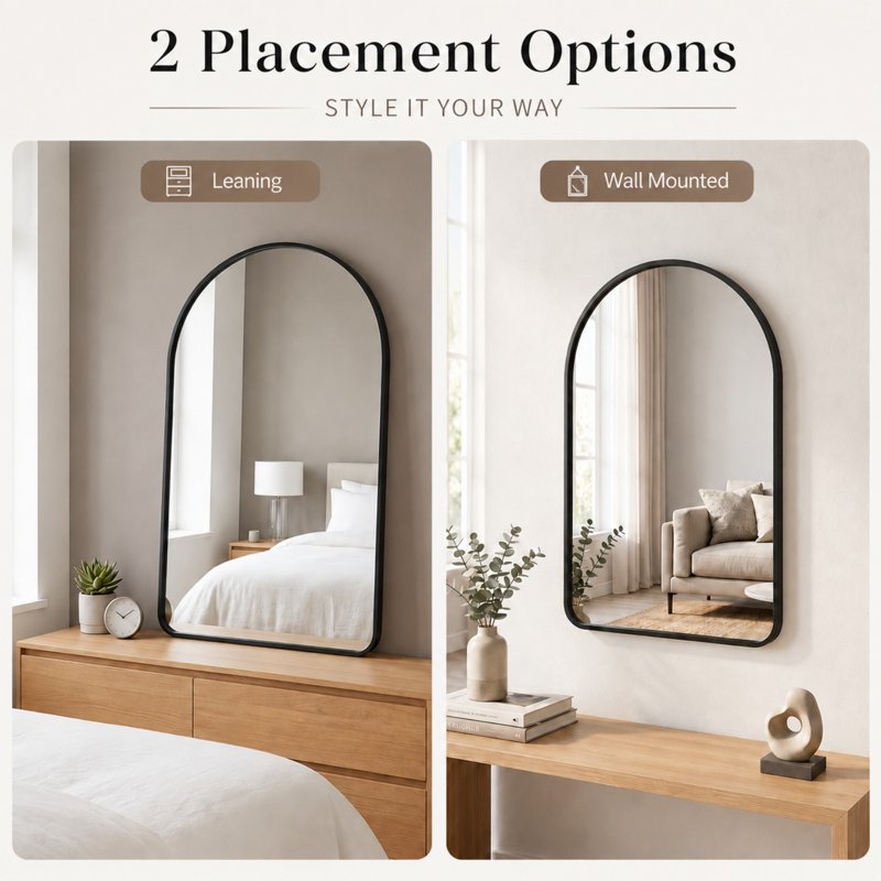 Easy4Home 28x20 Inch Rounded Arched Bathroom Mirror Wall Mount Vanity Black