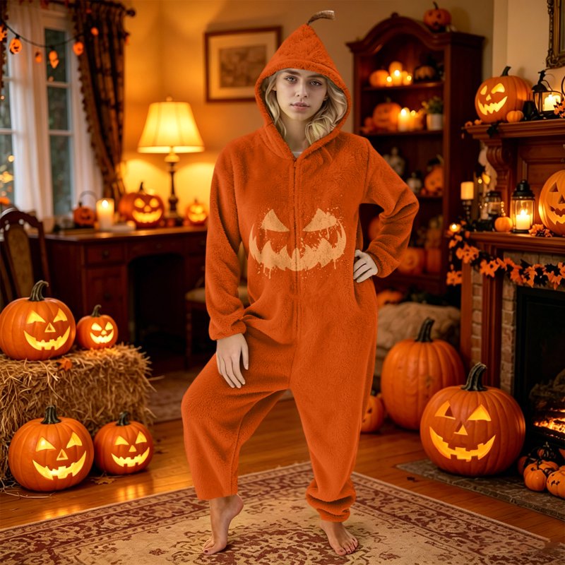 XL Pumpkin Costume Onesie for Adults - Jack-O-Lantern Fleece Pajama Halloween Wear