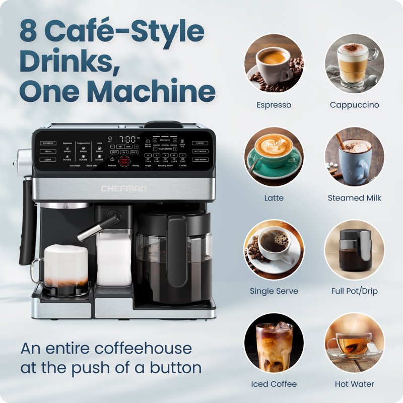 All-in-One Coffee & Espresso Machine Combo with Automatic Milk Frother - Black