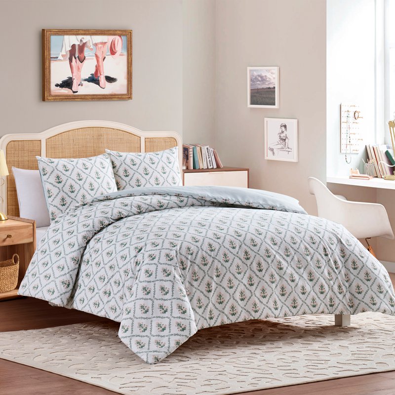 King My Texas House Poppy Trellis Comforter Set - Green and Pink Reversible Bedding