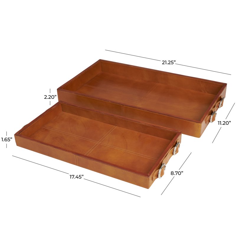 Brown Leather Nesting Tray Set with Buckle Handles - 2 Pieces