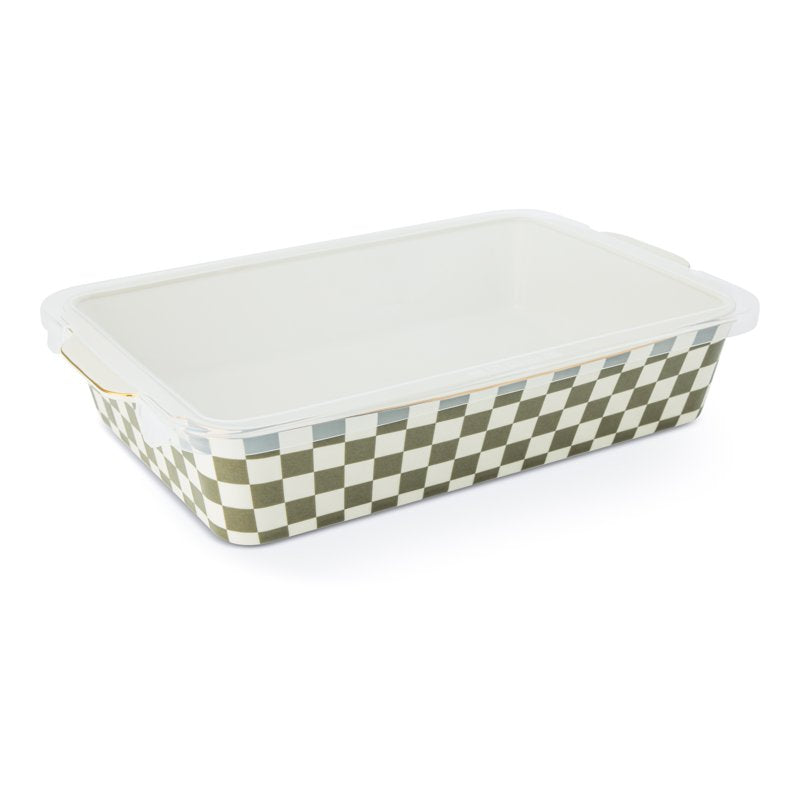Moss Green 4-Piece Checkered Ceramic Casserole Dish Set with Lids