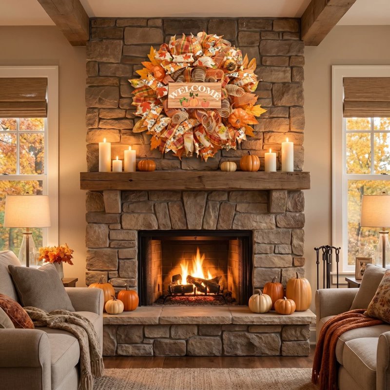 Artificial Fall Wreath for Thanksgiving Decorations - Hanging Indoor Outdoor Holiday Decor - Variation 003 Thanksgiving