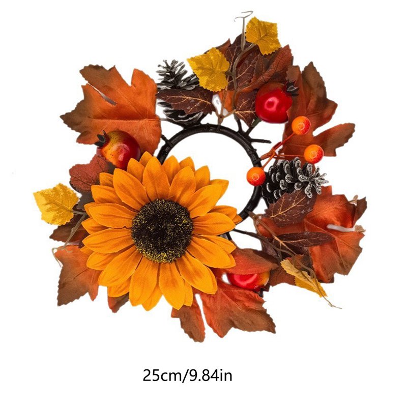 Daghihgewr Fall Sunflower Candle Ring - Rustic Autumn Mini Wreath for Pillar Candles - Variation #5