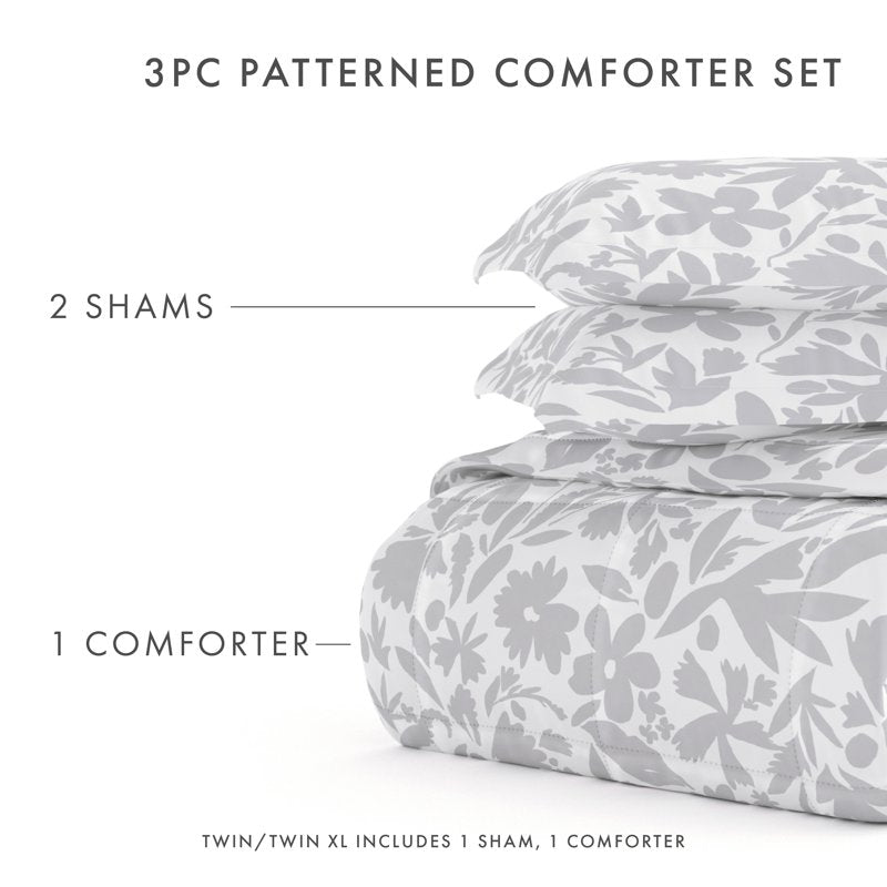 King Light Gray Abstract Garden Comforter Set - Hypoallergenic Microfiber Bedding