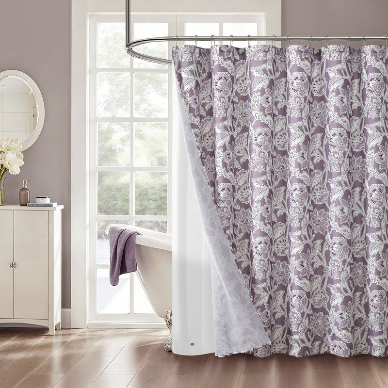 Purple Floral Shower Curtain Set with PEVA Liner & Hooks - 72x72 Inches