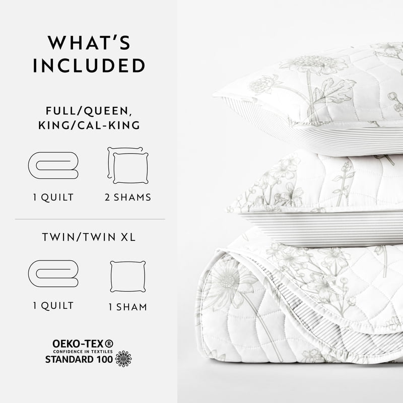 Queen Reversible Quilt Set with Shams - Light Gray Blooming Daisy