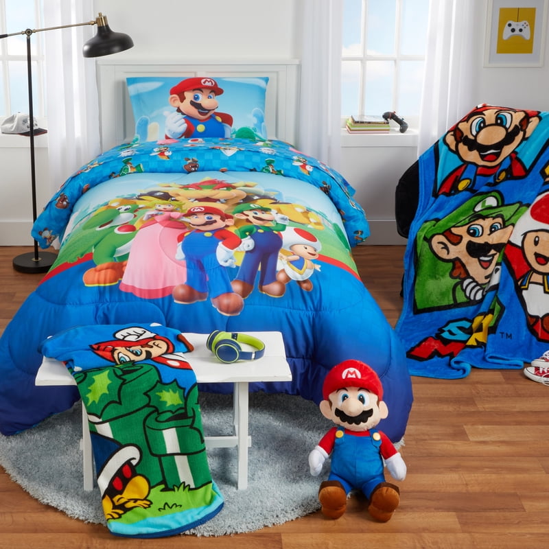 Super Mario Kids Full 4-Piece Blue Sheet Set - Microfiber Bedding