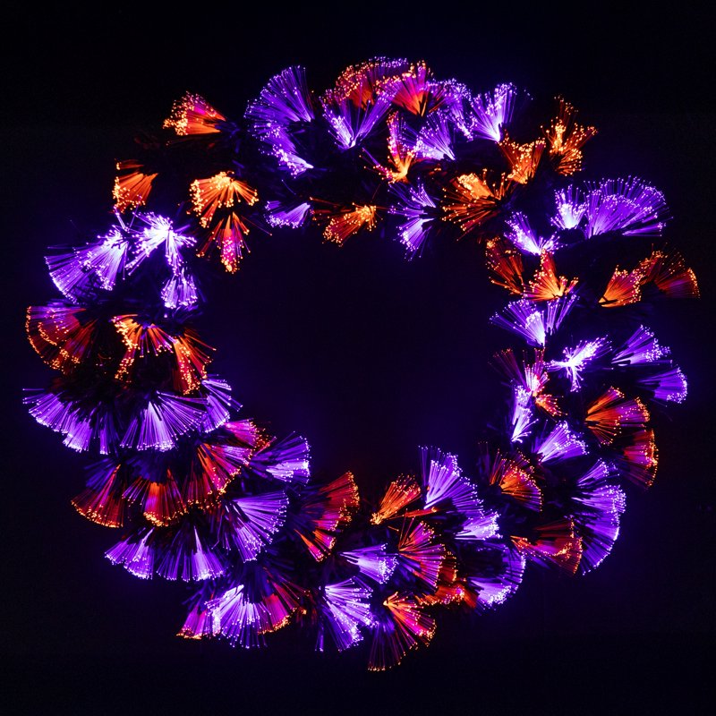24-Inch Black Halloween Wreath with Orange and Purple LED Fiber Optic Lights