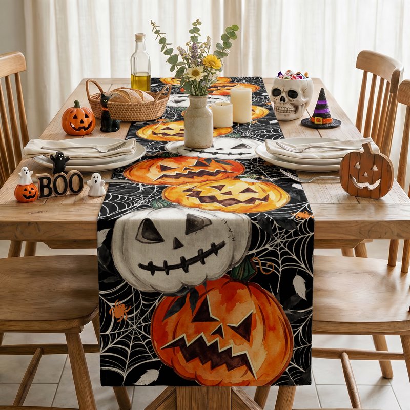Halloween Table Runner Jack O Lantern Pumpkin Ghost 13x108 Black - Smile