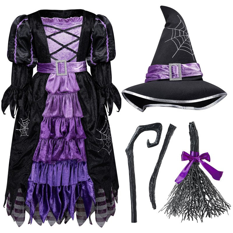 Toddler Girls Witch Costume Set XS (3-4 Years) Halloween Dress Up with Hat & Broom