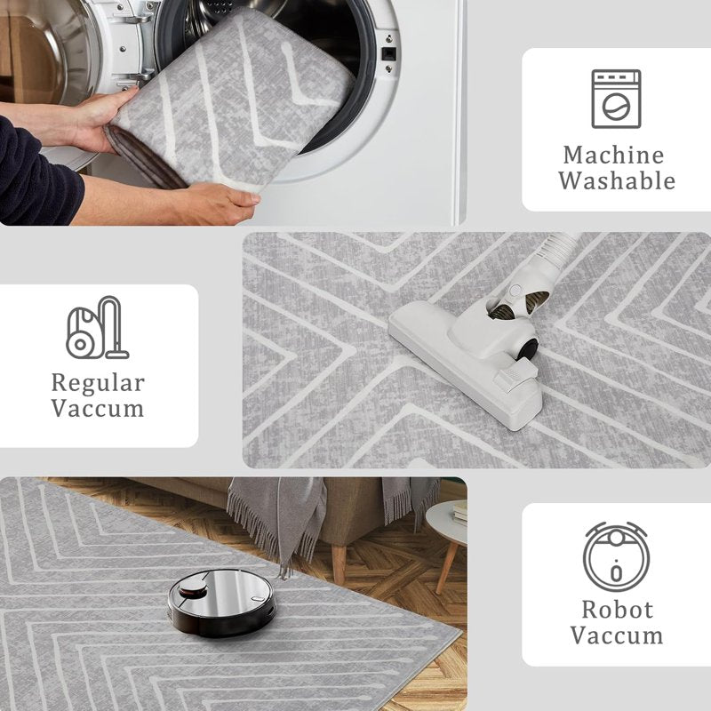 Large Washable Geometric Floor Rug 10x13 Light Grey Non-Slip Indoor Mat