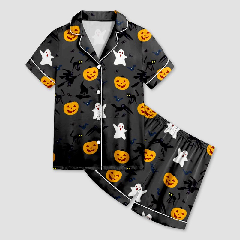 Girls Pajama Set Halloween Pumpkin Ghost Print Satin 2-Piece Z01-Grey 10-11 Years