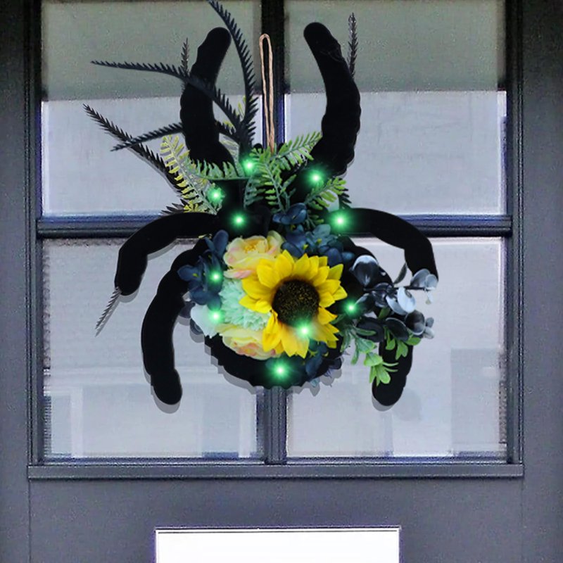 Halloween Spider Wreath with Lights for Front Door - 30cm Artificial Floral Decor